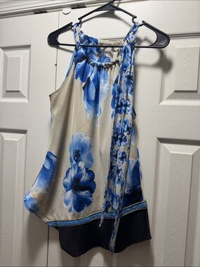 New York & Company Blue Floral Halter Tie-Neck Tank